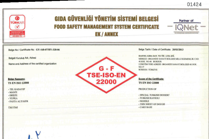 Gıda Güvenliği Yönetim Sistemi Belgesi
